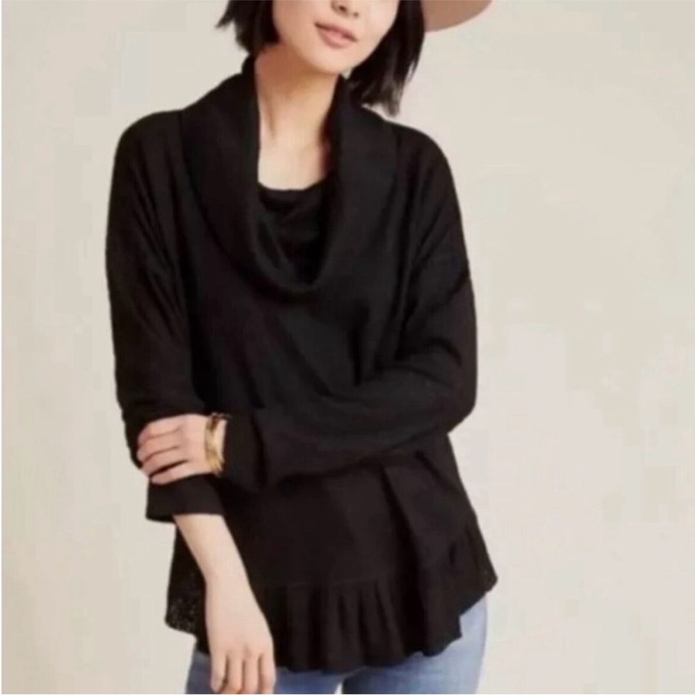 Anthropologie Maeve | Women’s Black Cowl Neck Long Sleeve Ruffle Hem Sweater, S